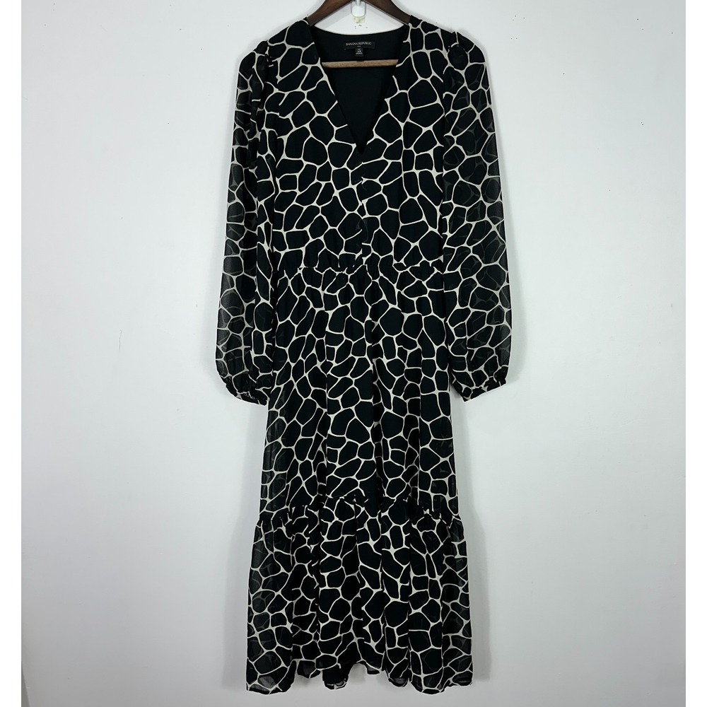 Banana Republic Tall XS Black Animal Print Midi Dress Giraffe Mod Statement Boho